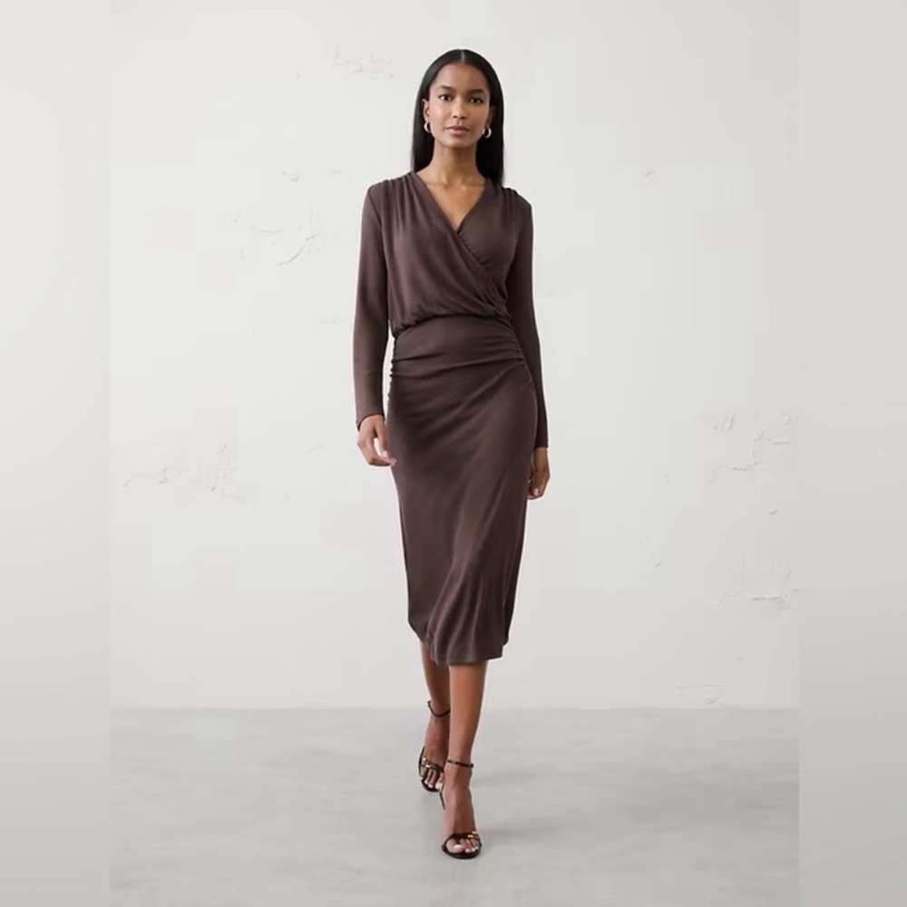 Banana Republic Soft Luxe Knit Wrap Midi Dress Elegant Long Sleeve Brown Dress
